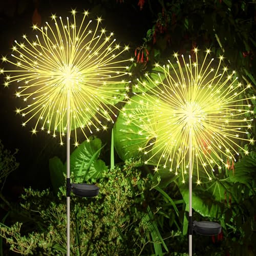 CNMTCCO 2 Stück Solar Feuerwerk Gartenlichter, Solar Garten Dekorative Lichter mit 120 LED,Solarstecker Gartenleuchten für Hinterhof Weg Rasen Terrasse (Warmweiß)