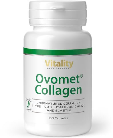 Vitality Nutritionals Kollagen Kapseln Hochdosiert & Vegetarisch mit Kollagen Typ I, V, X, Hyaluronsäure, Elastin & Glucosamin (60 Stk) Glutenfrei, Ohne Gentechnik, patentiertes Ovomet Collagen