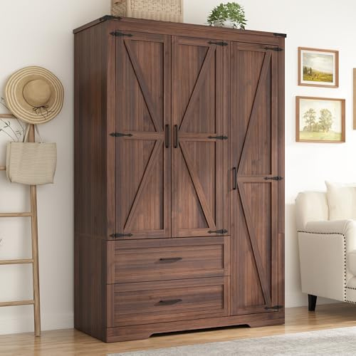 St.Mandyu Farmhouse Wardrobe Armoire Closet with 3 Doors and 2 Drawers, 70.1 Wooden Clothing Storage Cabinet, Freestanding Large Capacity Storage Wardrobe Armoire with Hanging Rod for Bedroom, Brown