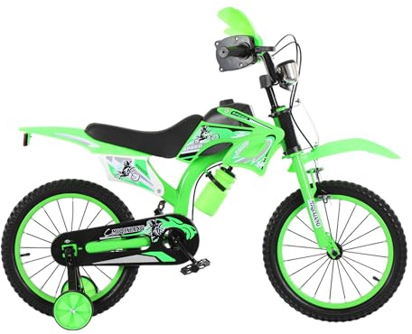 12 16 20 Boys Motorcross Bike with Stabilisers Black Red Green Blue Pink Moto Wheels Kids Bicycle for Ages 2-9 Years Old Motorcycle Sound Motorcross (Green, 12 inch)