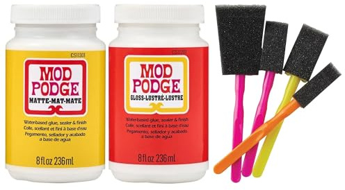 Mod Podge Decoupage Kit - Matte & Gloss Water-based Glue, Sealer & Finish 8 fl oz Twin Pack with 4-pack Foam Brush Set - Quick-Drying, Non-Toxic, Craft Adhesive for Decoupage & DIY Projects