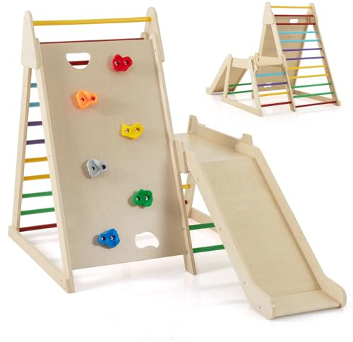 HOMASIS 3 in 1 Struttura da Arrampicata per Interni, Parco Giochi con Scivolo, Palestra da Giocco in Legno per Bambini da 3+ Anni, 105 × 176,5 × 122,5 cm (Colorato)