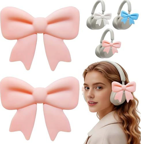 NEWFLAG 2 Pack Silicone Bow Headphone Accessory,3D Cute Clip-on Bows for Headphones,Detachable Decoration for Women,Girls and Gamers,Universal Fit for Most Headphones（Pink）
