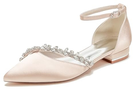 HFWXYSA Donna A Punta Ballerine Sposa Cinturino alla Caviglia Strass Raso Scarpe da Sposa Basse da Damigella d'Onore con Strass,Champagne,36 EU