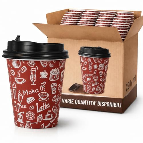 ecodrinks 1000 Bicchieri di Carta con Coperchio da 240ml - Ideali per Cappuccino, Tè, Caffè - Biodegradabile e Resistenti - Per Bar, Ufficio e Asporto - Design Elegante