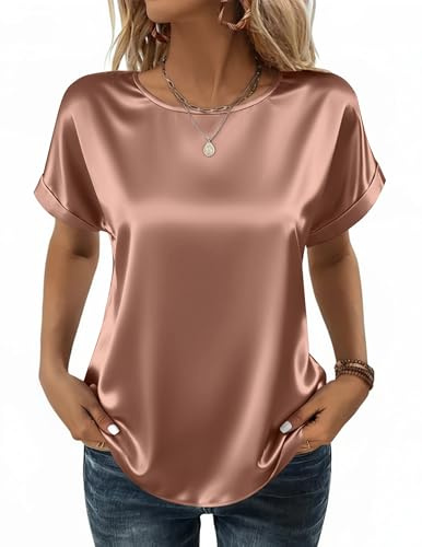 Blouses for Women Crew Neck Blouses Satin Silk Top Basic Summer Solid Tops