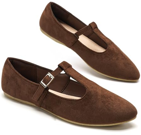 GLAMORA Ballerines Babies Femme Bride T Barre Boucle Réglable Effet Daim Chaussures Plates Bout Amande Salomés Souples Confortables Mary Jane Chaussures Basses