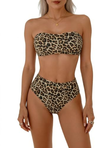 JILLICK Women's High Waisted Bikini Set, Strapless Bandeau Top, Leopard Print 2 Piece Swimsuit with Tummy Control High Cut Bottoms, Quick Dry Stretch Swimwear for Beach Pool Holiday