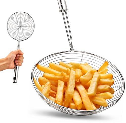 LOW&EE Schiumarola in acciaio inox da 14 cm, colino per friggere patate e scolare gli alimenti, schiumarola da cucina professionale, resistente alle alte temperature, colino per olio e acqua