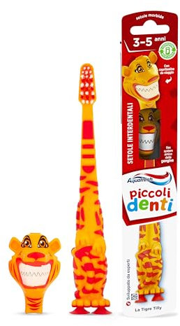 Aquafresh Piccoli Denti, Spazzolino da Denti per Bambini da 3 a 5 anni con copri testina Colorata a forma di Animale, Progettato da esperti con Flex-Zone e Setole Morbide, 4 modelli assortiti, 1 Pezzo