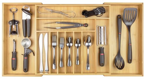 KitchenEdge Cutlery Tray and Utensil Organiser for Kitchen Drawers, Expandable to 33 Inches Wide, 11 Compartments, 100% Bamboo