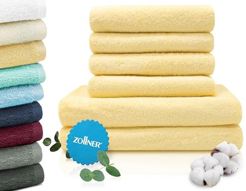 ZOLLNER Handtuch Set aus 4 Handtücher 50x100 cm & 2 Duschtücher 70x140 cm - saugstarke und weiche Tücher in gelb - mit praktischem Aufhänger - waschbar bis 60°C - Baumwolle - Hotelqualität