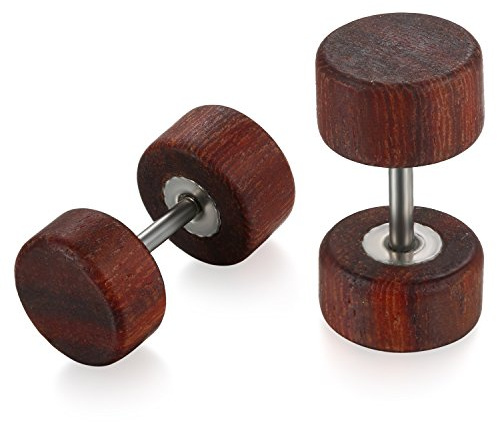 Flongo Boucles d’Oreilles Acier Inoxydable Bois Rétro Arbre de Vie Lion Tête Fantaisie Clous d’Oreilles Couleur Marron pour Homme Femme