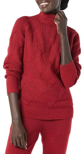 Amazon Essentials Women's Soft Touch Cable Knit Funnel Neck Chunky Jumper, Dark Red, S