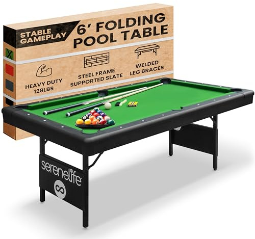 SereneLife Table de Billard Pliable 6 Pieds – Cadre Acier Robuste, Plateau avec Ardoise Renforcée, Verrouillage Sécurité, Pieds Soudés, Set Complet Accessoires