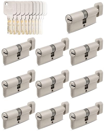 GERCAR Pro - Juego de 10 cilindros para pomo (35/35, cierre simultáneo, 10 cilindros con pomo con 50 llaves, 70 mm, 70 mm, latón mate)