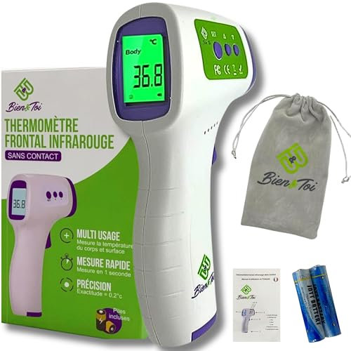 thermometre frontal adulte/bebe/enfant, mode corps et objet, thermomètre sans contact infrarouge médical, mesures rapides alerte fièvre et fonction mémoire, sac de transport/notice en Français