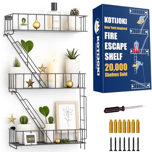 KOTIJOKI Fire Escape Wall Shelf - New York Decorative Floating Shelf - Wall Art Ladder Shelf - Black Metal Trinket Shelves for Bedroom, Home, Office, Storage and Display (3-Tier)