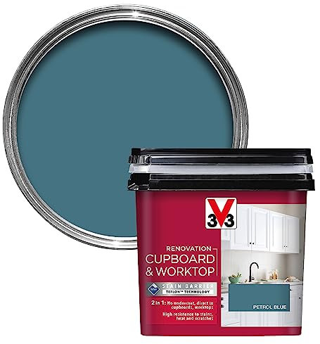 V33 Renovation Cupboard & Worktop Paint - No Undercoat Needed - High Resistance To Water Stains & Scratches - Ultra Washable - Petrol Blue 750ml