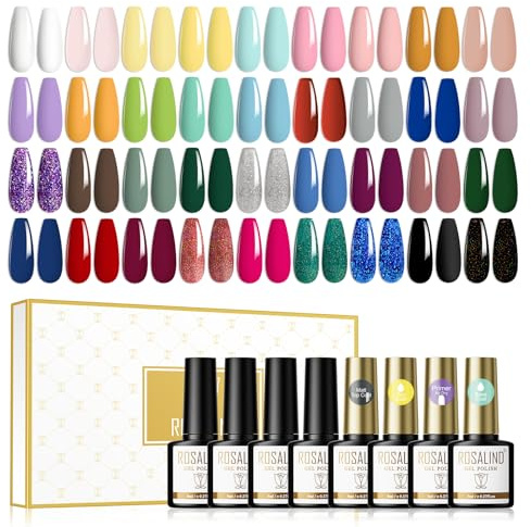ROSALIND Lot Vernis Semi Permanent 40 Pcs Avec Base Coat, Top Coat Mat et Brillant, Primer 36 Couleurs UV LED Vernis à Ongles Gel Polish Rouge Pailleté Vert Marron Gris 8ML Pour Les Manucures French