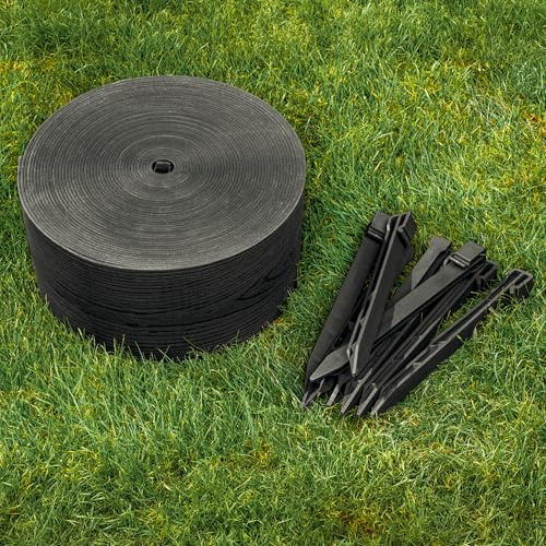 UNIGARDIA Borde Jardín Exterior 20 m x 13 cm x 3 mm – Bordura Flexible con 20 Estacas de Anclaje – Separador para Césped de Plástico Reciclado con Decoración de Madera, Color Negro