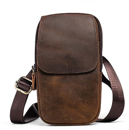 hengwin Multifunktionale Echtleder Doppel Reißverschluss Taschen Männer Vintage Look Umhängetasche Handy Gürtel Tasche Telefon Holster für Reisen, Outdoor Aktivitäten (Kaffee)