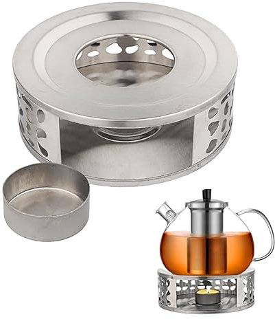 Hisdricus Scaldavivande, Scalda Teiera in Acciaio Inox con Portacandele, Stabile, Non Traballante, Adatto per Teiere e Caffettiere in Vetro, Ceramica, Acciaio Inox, Ghisa (15 x 5,3 cm) (Argento)