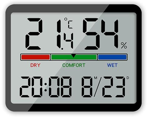 ALLOMN Hygrometer Indoor Thermometer, Desktop Digital Room Humidity Gauge Accurate Temperature Monitor Meter Large LCD Display Humidity Gauge Thermometer with Clock for Home Greenhouse (Black)