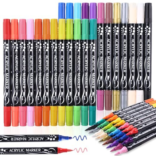 DIYDEC 24PCS Acrylic Paint Pens, 24 Colors Dual tip Brush Paint Markers for Rock Painting, Wood, Canvas for kids adults DIY Crafts Art Supplies