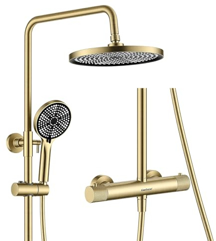 KeeGone Duschsystem Komplettset Mit Thermostat 25cm Regendusche & 3 Strahlarten-Handbrause Thermostat mit rutschfestem Drehknopf & Anti-Verbrühung Höhenverstellbar Edelstahl Wassersparend