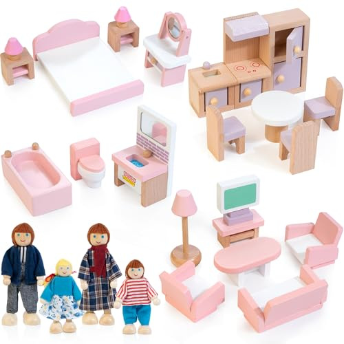 Wooden Dollhouse Furniture Set with 4 Family Dolls, 26 Pcs Pretend Play Dollhouse Accessories for 4 Rooms, Pink Furniture Toys, Pretend Play Furniture Toys, Birthday Gifts for Girls Boys Age 3+