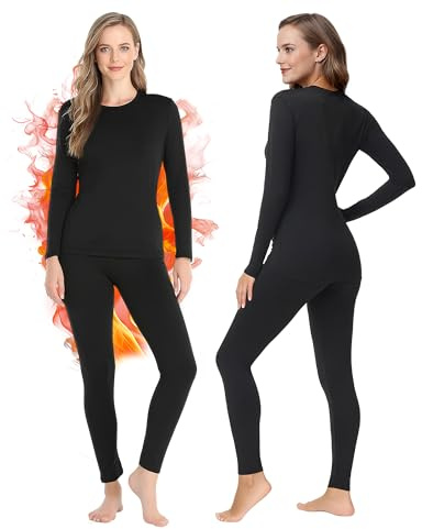 GOZINA Thermal Underwear Set Womens, Soft Scoop Neck Ladies Base Layer Set, Long Sleeve Fleece Lined Thermals Leggings for Winter Workout (Black, L)