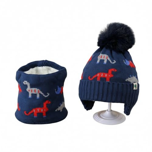 HAJXXMM Dinosaur Winter Knitted Hat and Scarf Set, 2PCS Kids Thickening Soft Knit Warm Accessories, Neck Warmer Set with Dinosaur Pattern for Boys 2-10 Years Old Outdoor Sports-Navy blue