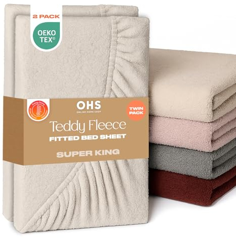 Brentfords 2 Pack Super King Bed Sheet White, Teddy Fleece Fitted Sheet Bed Cover Deep Pocket 25cm Fluffy Bedding Fade Resistant Cuddly Cosy Teddy Bear Bedding, Super King