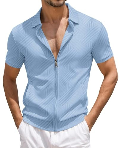 EODJXIO Maglia da Uomo con Cerniera a Maniche Corte in Tessuto Jacquard Leggero e Traspirante per Casual Elegante Magliette Bianche Personalizzate Camicie Eleganti Slim Fit