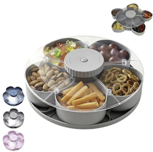 Genérico Bandeja De Servir Dividida Giratoria, Recipiente Giratorio para Aperitivos, Bandeja Giratoria para Aperitivos con Tapa, Charolas para Botana, para Verduras, Frutas, Salsas(Gris)