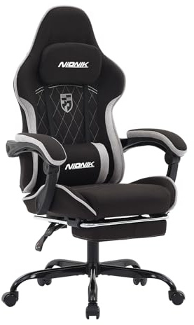 NIONIK Gaming Chair with Footrest and Massage Lumbar Cushion, Ergonomic Computer Chair with 135° Recline, Breathable Fabric, Headrest and 360° Swivel, Heavy Duty Office Chair Up to 150kg (Black Gray)