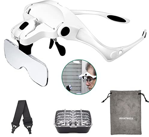 Lupa con Luz 2 Led - RIGHTWELL Gafas Lupa de Aumento para Leer, Lentes de Aumento Lectura, Reparaciones, Coser, Joyería y Relojería, Modelismo - 5 Lentes 1.0X-3.5X Ajustable