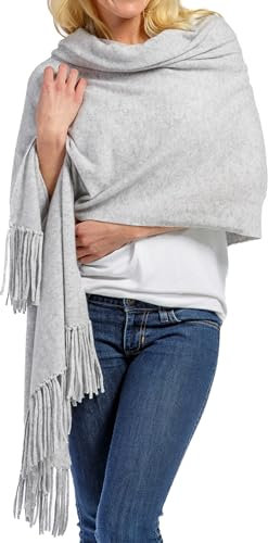 Fishers Finery Women's 100% Cashmere Knit Wrap Shawl with Fringe (Light Gray)