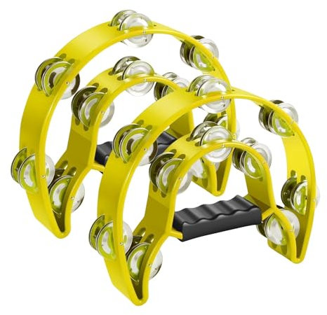 Flexzion Tamburin, Handtrommel - 2er-Pack, 25cm Schellenkranz mit Handgriff, Musik Schlaginstrument, zweireihig Schellenring in Halbmond-Form Rahmen, mit 20 Paar Metall Schellen, Gelb