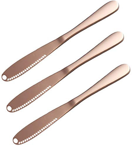 Hoshen - Coltello da burro in acciaio INOX, 3 pezzi, per burro, per marmellata, per formaggi, utensili da cucina, colore: oro rosa