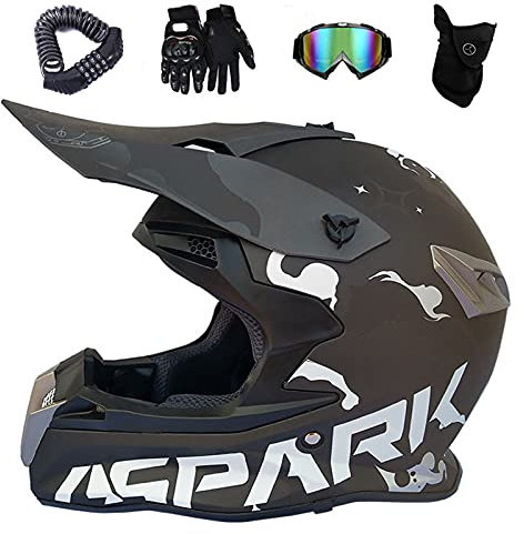 VOMI Motocross Helm Komplett-Set für Herren, Damen & Kinder - Mit Brille, Handschuhen, Helmnetz Atemmaske Ideal für Motorrad, Quad, Scooter, Downhill, Enduro & Fahrrad - Matt Schwarz, S