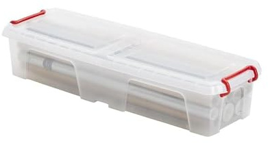 Strata Wrapping Paper Storage Box - Clear/Red Handles, Clip-On Lid, Stackable, Durable, Food-Safe Plastic, Organize Storage Box (?81cm x 25.2cm x 16 cm)