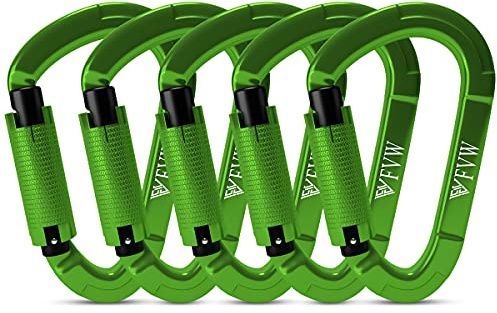 Lot de 5 mousquetons d'escalade, certifiés UIAA 25 KN, verrouillage automatique, pour hamac, balançoire, laisse et harnais, camping, randonnée et utilité (vert)
