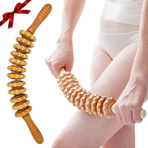 Faszienstab Holz, Faszienrolle Holz, Buchenholz Massagegerät für Muskelentspannung, Körperformung, lymphdrainage, Massageroller Beine Bauch, Massage Roller für Körper und Oberschenkel (12 Runden)