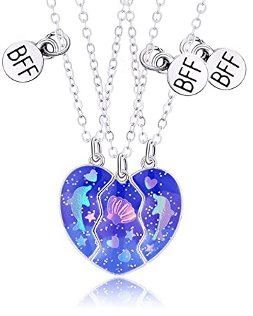 Hifot BFF Collana Amicizia a Tre - Catena Argento per 3 Ragazza Bimba con Conchiglia, Delfino e Cuore - Best Friends Regalo Donna per Laurea e Compleanno