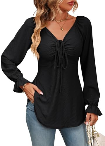 Atxnn Damen Blusen V Ausschnitt Oberteile mit Krawattenschleife Geraffte Langarmshirt Sexy Niedlich Tunika Tops Lässige Shirt Hemd Streetwear, SCHWARZ XXL