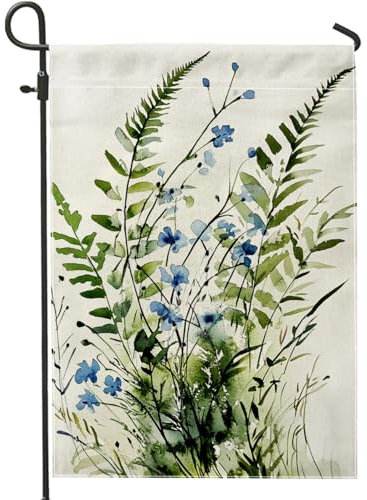 Drapeau de jardin de fougère florale bleue pour printemps et été, plante verte vive, décoration d'intérieur, drapeaux de jardin, drapeau de cour double face, décoration de pelouse extérieure, 30,5 x