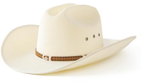 Lanzom Men Wide Brim Western Cowboy Hat Classic Style Straw Western Cowgirl Hat with Leather Buckle (US, Alpha, Medium, Large, Ivory White)