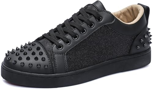 Men's Street & Punk Casual Sneakers: Metal Rivets, Black & White Studded Leather + Glitter Fabric, Lace - Up Comfortable Shoes (All Black,10.5)